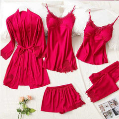 Комплект сатенени пижами от 5 части - червено