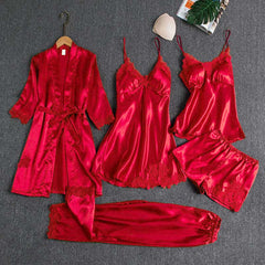 Комплект сатенени пижами от 5 части - червено